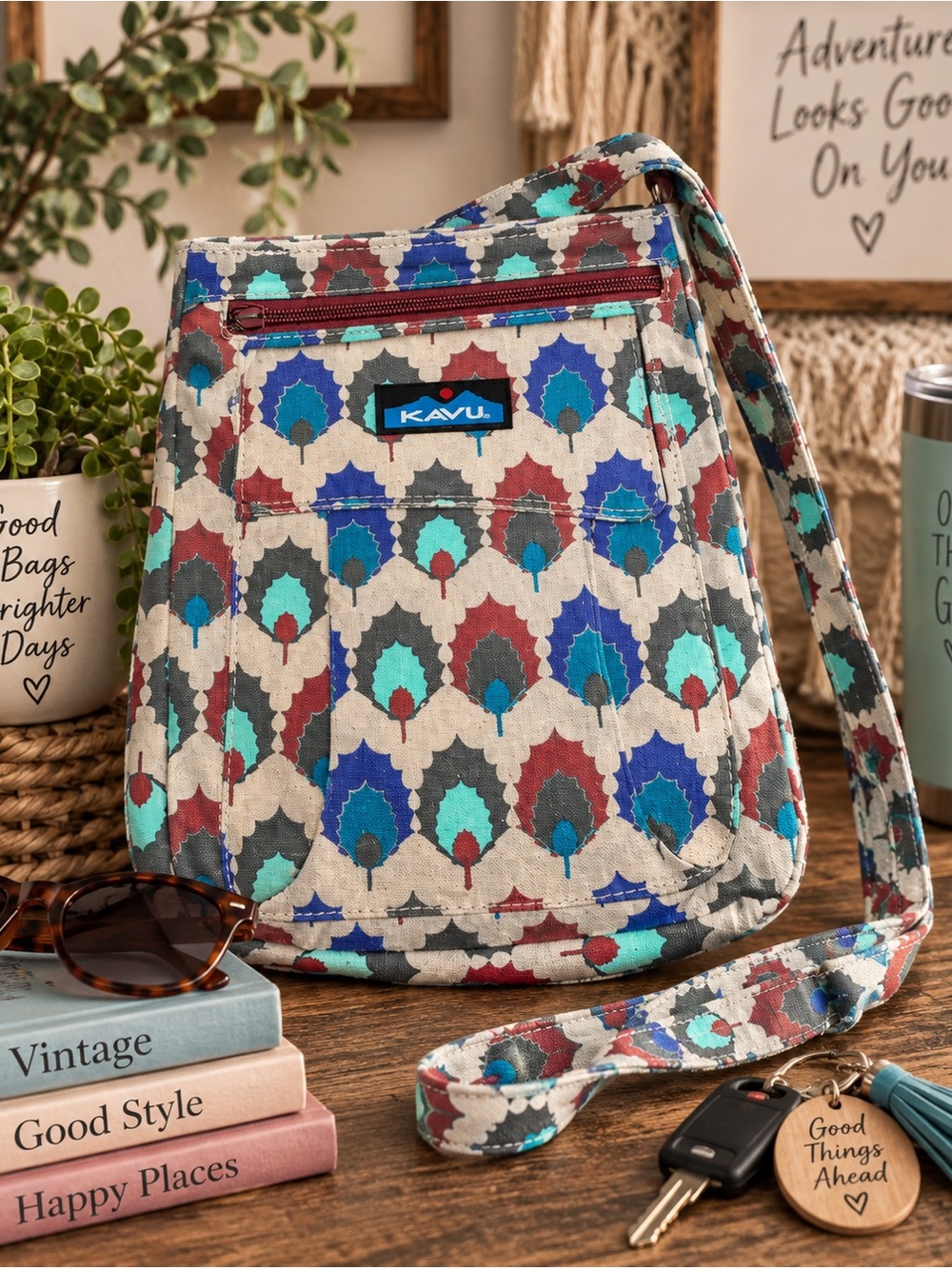 KAVU Keeper Holly Leaf Teal Burgundy Canvas Travel Crossbody Purse Bag